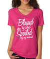 SignatureTshirts Women's Blessed by God Spoiled by Husband V-Neck T-Shirt
