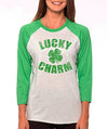 SignatureTshirts Woman's St.Patrick's Day 3/4 Sleeve Lucky Charm Shamrock Clover Cute Raglan