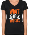 Halloween Womens T Shirt What Up Witches Halloween Shirt Graphic Tee Halloween costume idea party Funny Broom witch V Neck Unisex Black tee